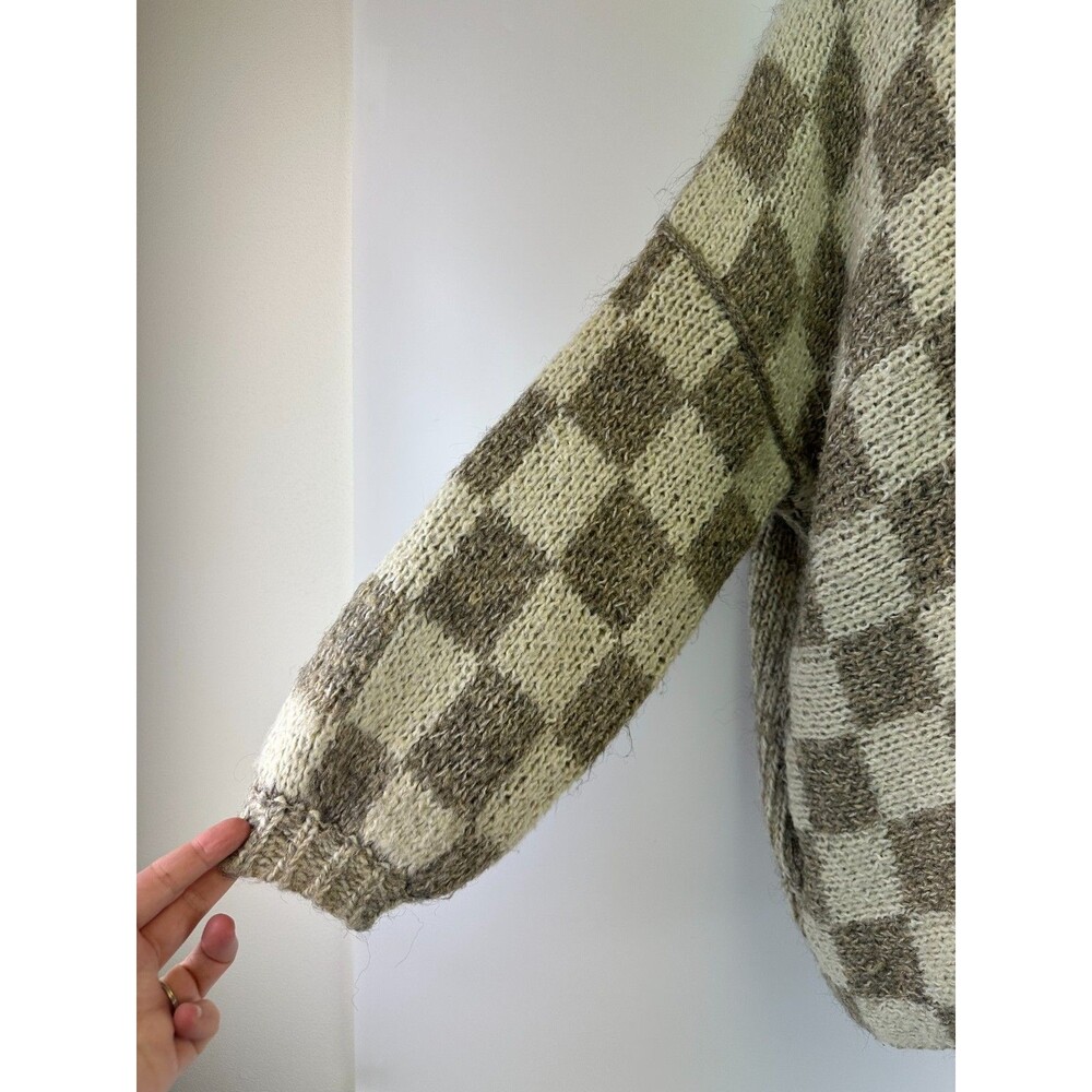 Grade And Gather Checkered Sweater Cardigan Open Chunky Heavy Knit Small Medium - Picture 3 of 16
